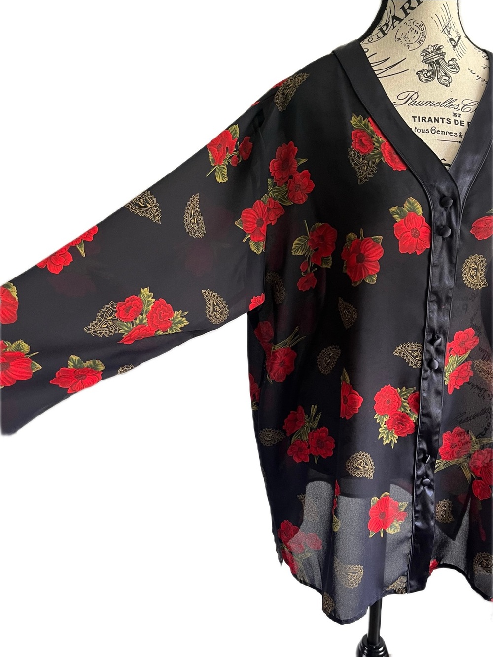 Vintage 90s La Vie En Rose Sheer Navy Blue Floral Rose Paisley Blouse - Picture 2 of 5